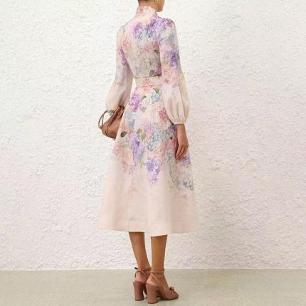 French retro stand-up collar lantern sleeve printed dress for women autumn new waist slimming A-line long skirt-GZYY0002