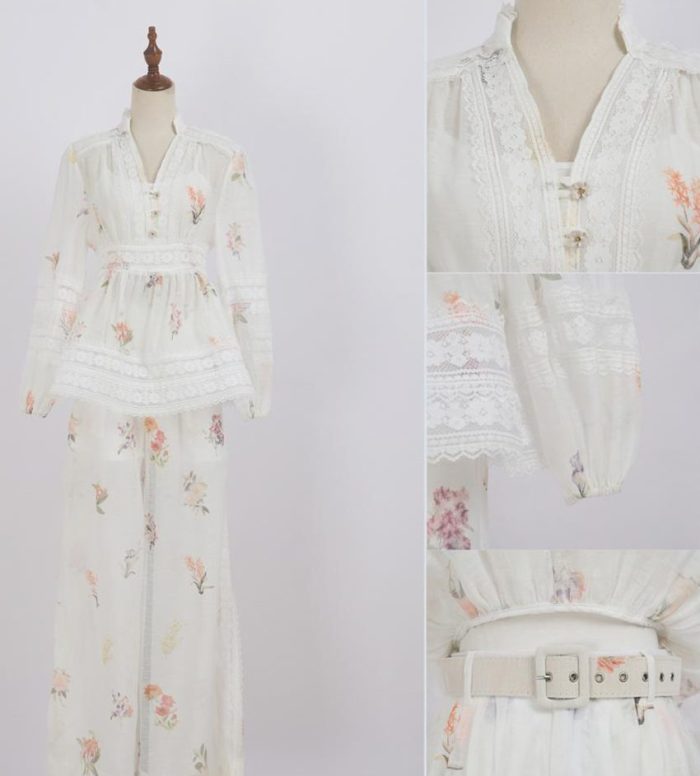 French Retro Heavy Industry Style Summer New Round Neck Hollow-Out Lantern Sleeve Shirt High Waist Skirt Printing Suit-GZYYKJ062