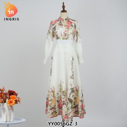Crew Neck Floral Print Sashes Multi Color Casual Fashion Long Dress for Women-YY0056GZ