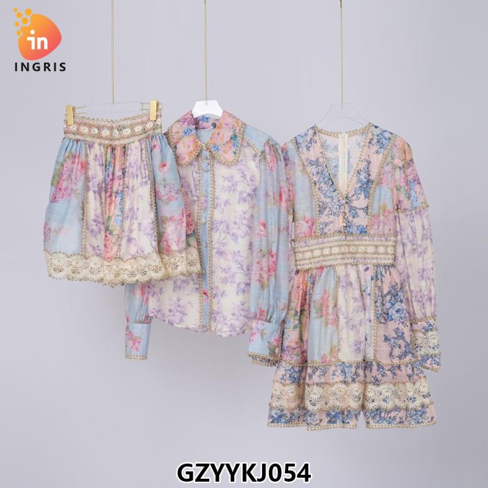 Floral Shirt Top + Lace Stitching High Waist Short Skirt Set-GZYYKJ054