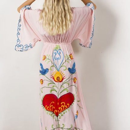 New Autumn Flower Embroidery V Neck Long Dress With Big Trumpet Sleeves Women Bohemian Holiday Dress-GZYYKJ019