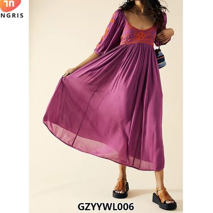 Fashion V-Neck Women Long Sleeve Dresses Chiffon Loose Maxi Dress-GZYYWL006