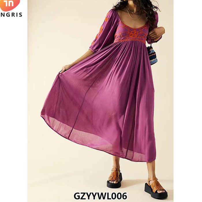 Fashion V-Neck Women Long Sleeve Dresses Chiffon Loose Maxi Dress-GZYYWL006