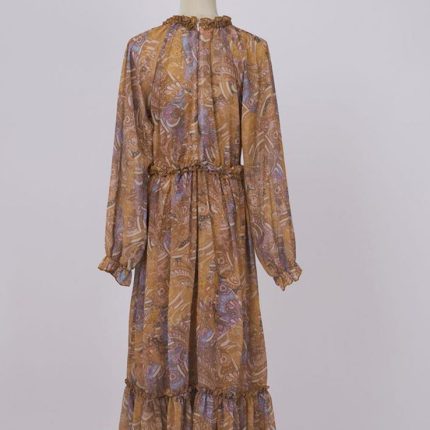 Multi Color Brown Color Floral Print Long Sleeve Elastic Waist Casual Fashion Women Maxi Dress-GZYYYWL34