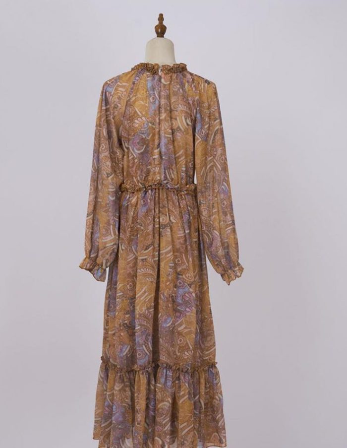 Multi Color Brown Color Floral Print Long Sleeve Elastic Waist Casual Fashion Women Maxi Dress-GZYYYWL34