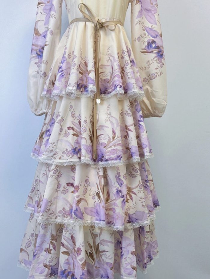 Plus Size High Quality Spring Elegant Stand Collar Dress for Women Printed Lace Vestidos Ladies Elegant Dresses Clothes Women-YY0046GZ