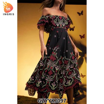 Summer Women's Pleated Dress Women's Clothing Dress Round Neck Women's Floral Party Dress-GZYYKJ097