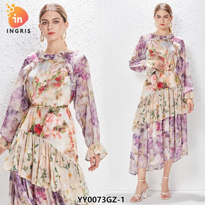 Modest Spring Casual Mandarin Collar Long Sleeves Floral Print Tiered Ruffles Chiffon Maxi Long Dress for Women-YY0073GZ