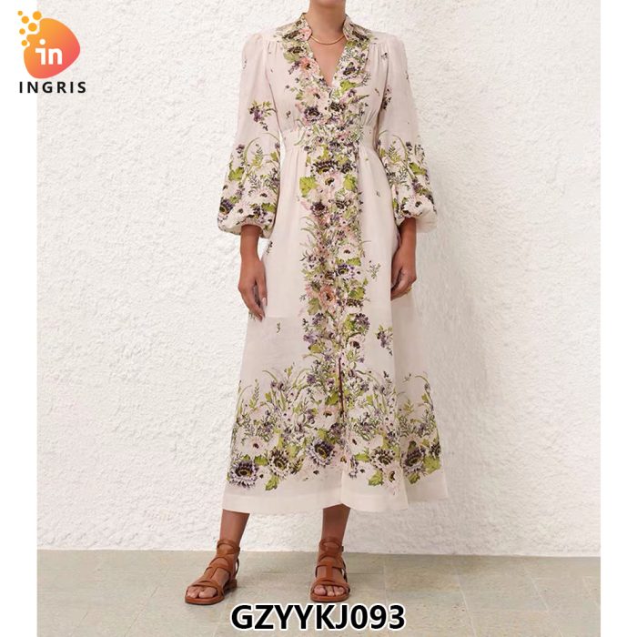 Short Sun Dress Flower Print Lantern Long Sleeve Wrap Floral Linen Mini Dress for Women-GZYYKJ093