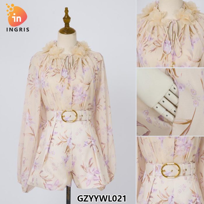 Floral Lace-up slip V-neck Chiffon Casual Women Dresses Elegant Mini Chiffon Ruffle Dress for Women-GZYYWL021
