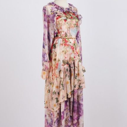 Modest Spring Casual Mandarin Collar Long Sleeves Floral Print Tiered Ruffles Chiffon Maxi Long Dress for Women-GZYYKJ090