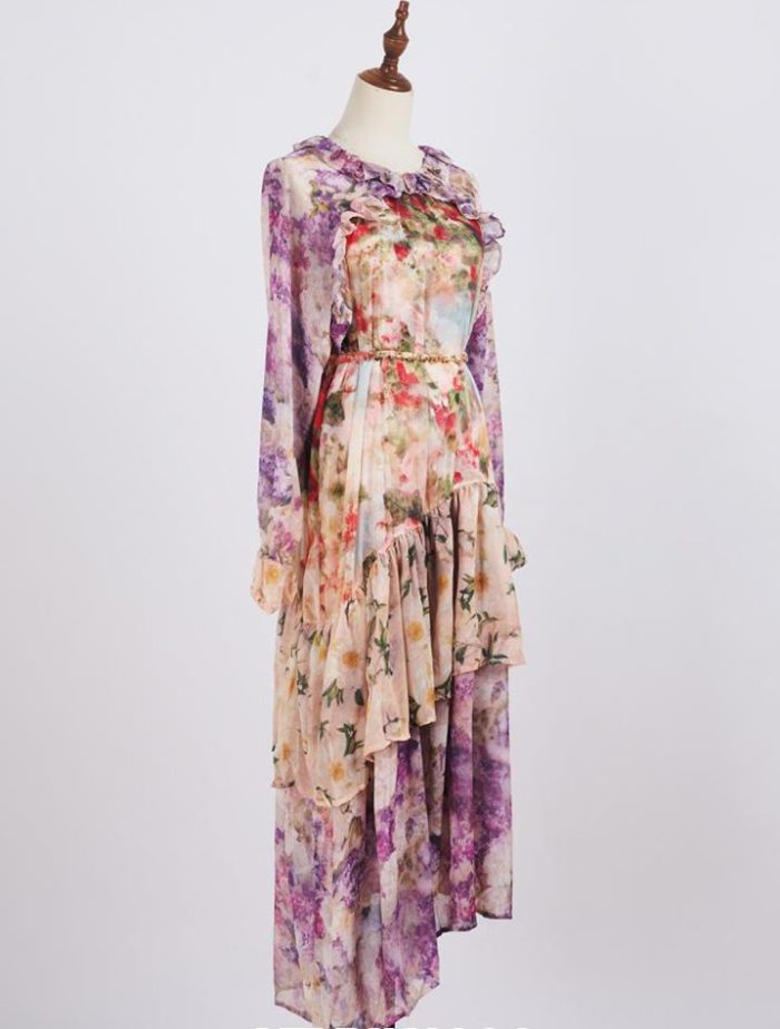 Modest Spring Casual Mandarin Collar Long Sleeves Floral Print Tiered Ruffles Chiffon Maxi Long Dress for Women-GZYYKJ090
