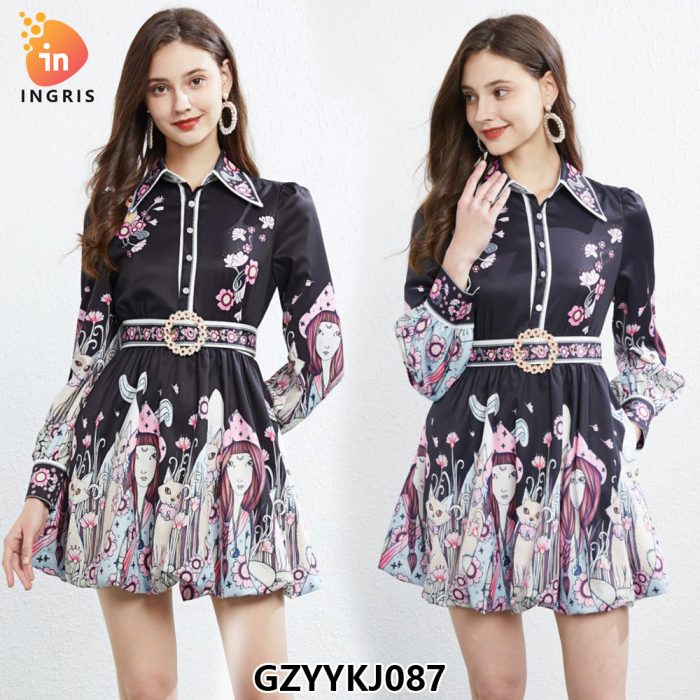 Fashion Runway Women Clothing Dress O-Neck Ruched Ruffles Floral Print Midi Pleated Vestidos Casual Holiday Robes-GZYYKJ087