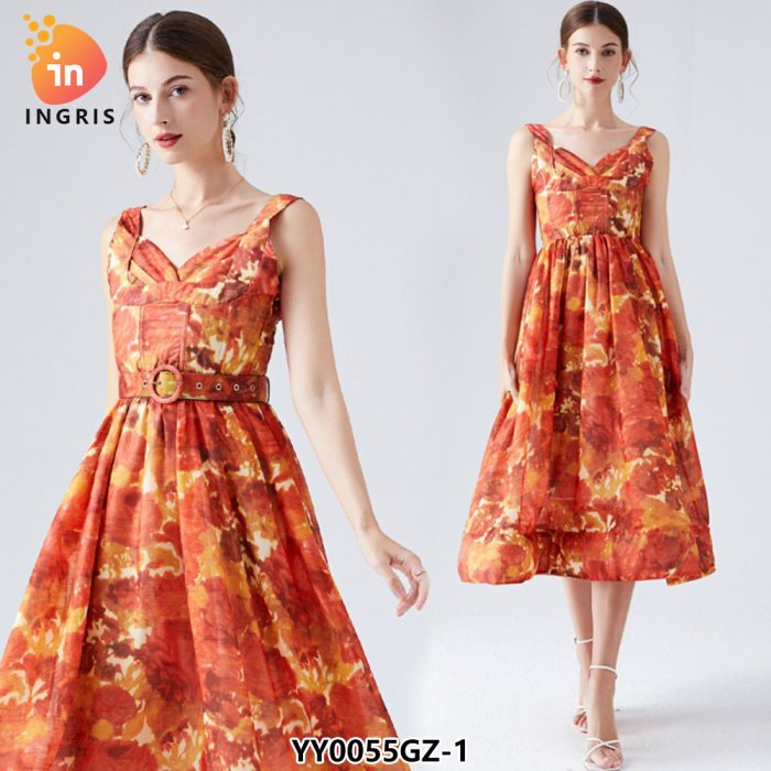 Ink Print Summer New Women's Shoulder Casual dress Short Sleeve Printed Breathable plus size dress-YY0055GZ