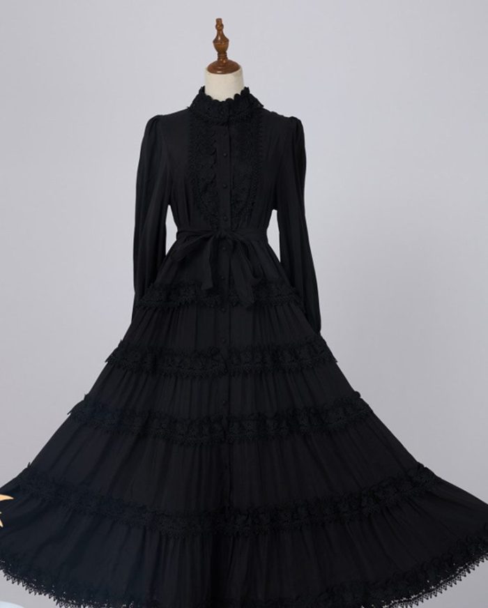 Elegant Autumn New Round Neck Embroidered Single Breasted Lace Splicing Bubble Long Sleeve Dress-YY0043GZ