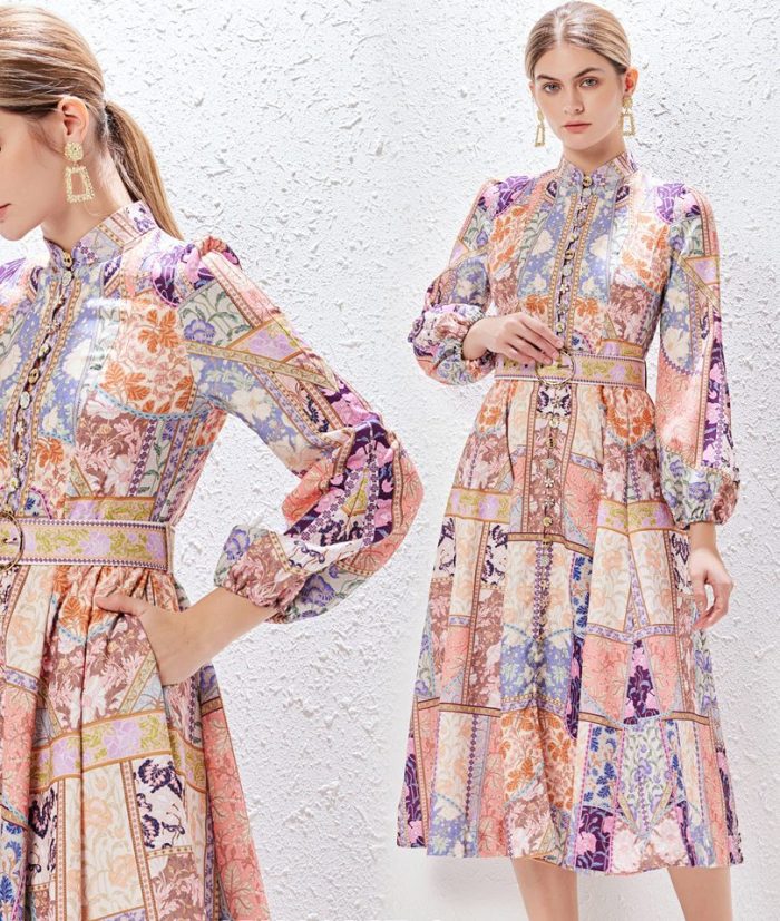 Women's Fashion V-neck Long Sleeve Slim High Waist Print Dress-YY0016GZ