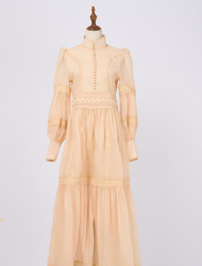Long Skirt With Lace Splicing Design Lantern Sleeve Dress-YY0044GZ