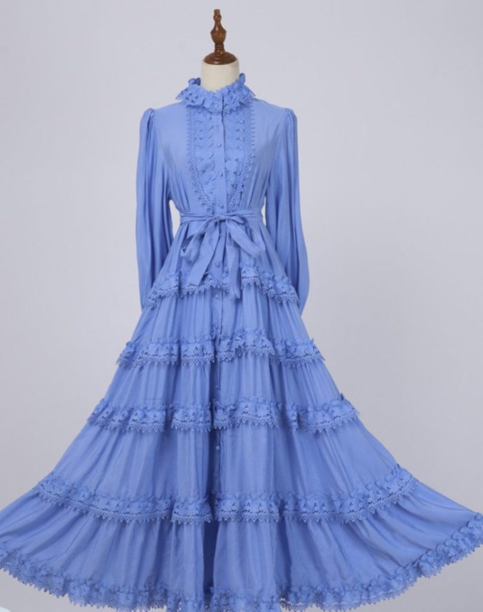 Elegant Autumn New Round Neck Embroidered Single Breasted Lace Splicing Bubble Long Sleeve Dress