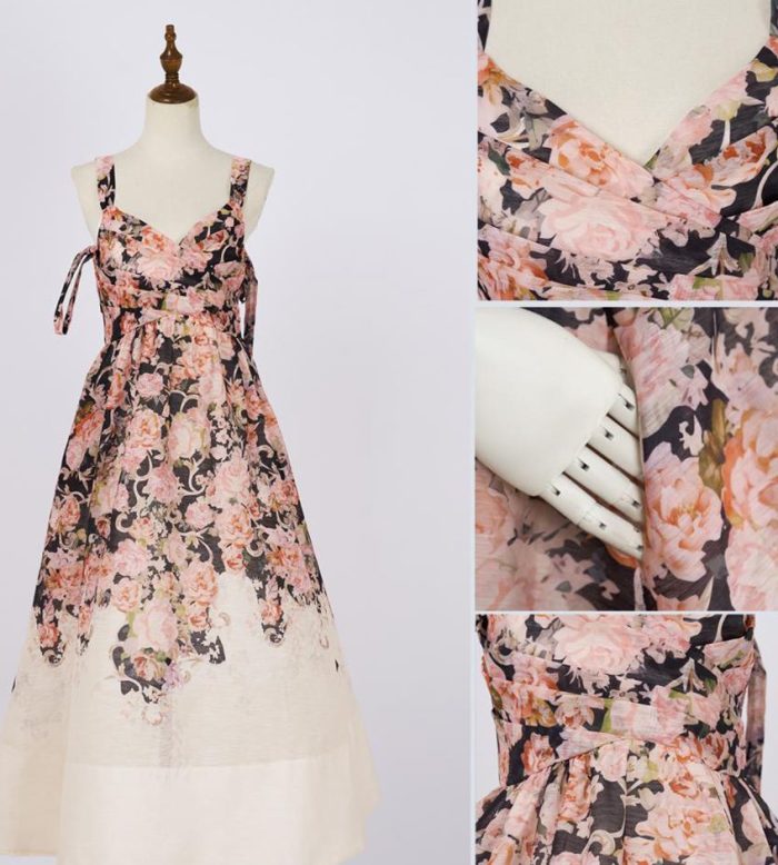 Lancai French Retro Western Style Positioning Printed Dress for Women Lace-up Hemline Puffy Dress-GZYYWL029