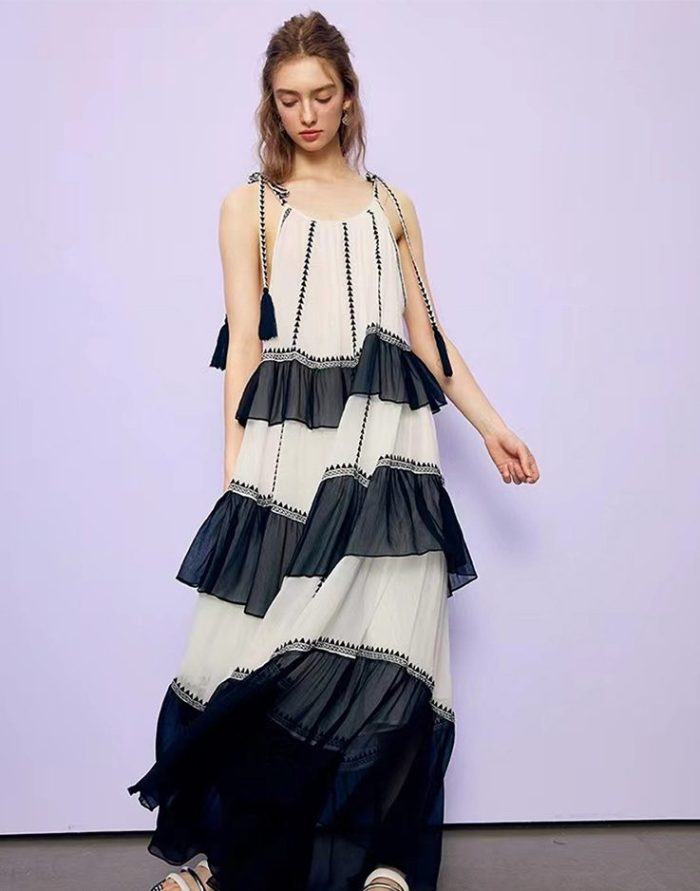 Wholesale Colorblock Tiered Silk Georgette Maxi Dresses Sleeveless Loose Holiday Vacation Dress Beach Ladies Dress-GZYYKJ074