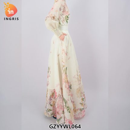 Spring Vintage Turtleneck Tunic Casual Maxi Dress for Women Long Lantern Sleeve Printed Lace Dress-GZYYWL064