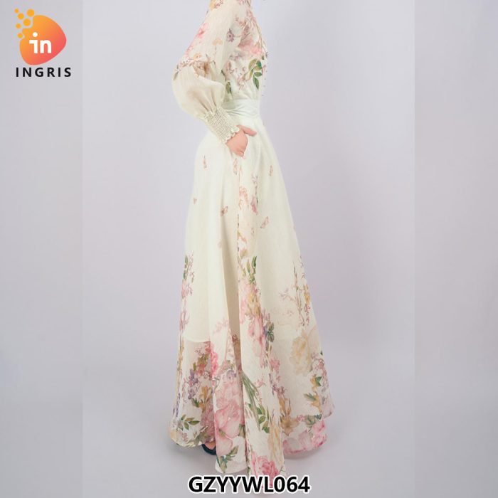 Spring Vintage Turtleneck Tunic Casual Maxi Dress for Women Long Lantern Sleeve Printed Lace Dress-GZYYWL064