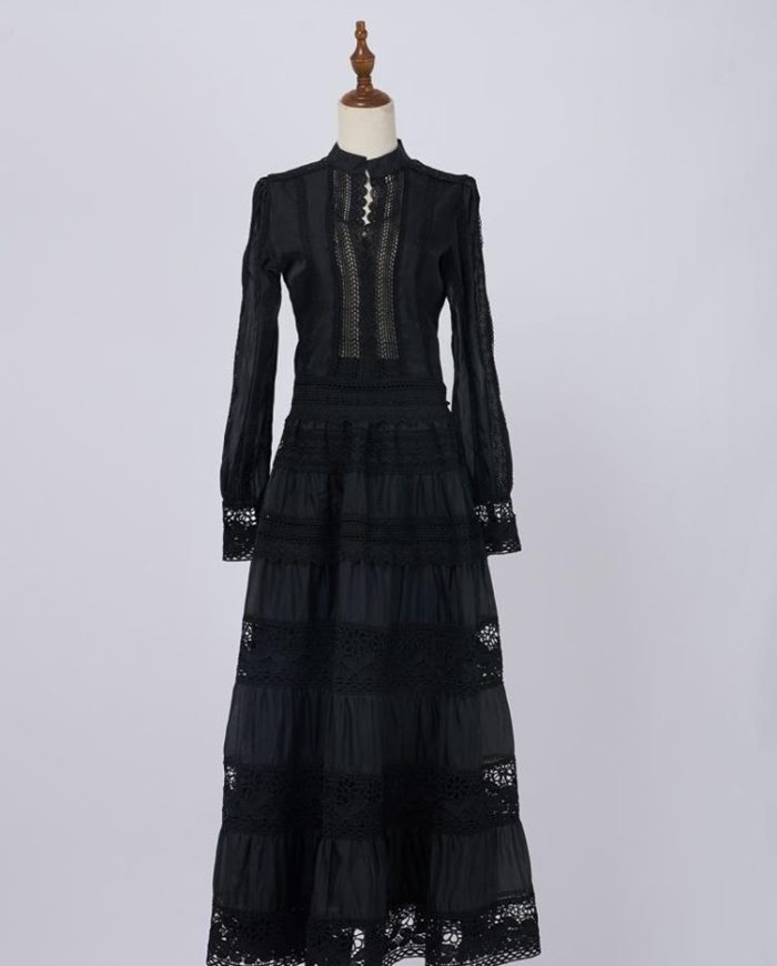 Long Dress Dress Fashion Black Dress Sexy Patchwork Long Sleeve Summer Lace Dress-GZYYWL026