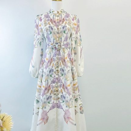 New Fashion Women's Mini Dress Retro Stand Collar Single Breasted Printed Belted Long Sleeve A-line Ladies Evening Dresses-GZYYKJ009
