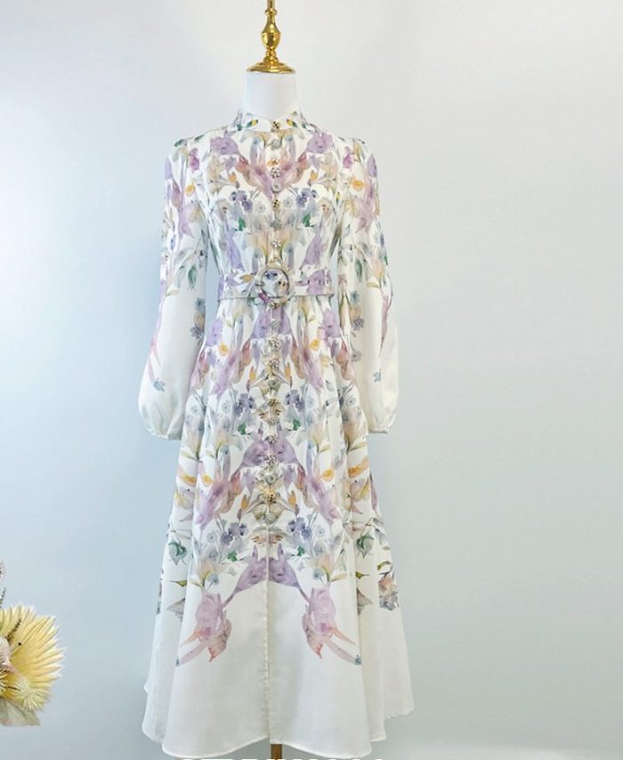 New Fashion Women's Mini Dress Retro Stand Collar Single Breasted Printed Belted Long Sleeve A-line Ladies Evening Dresses-GZYYKJ009