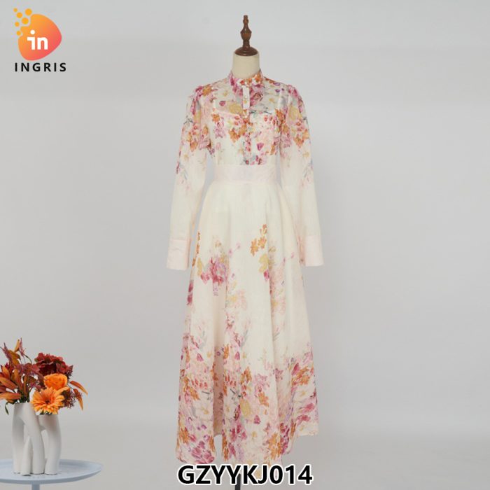 Crew Neck Floral Print Back Zipper Fly Long Sleeve Multi Color Casual Fashion Long Dress for Women-GZYYKJ014