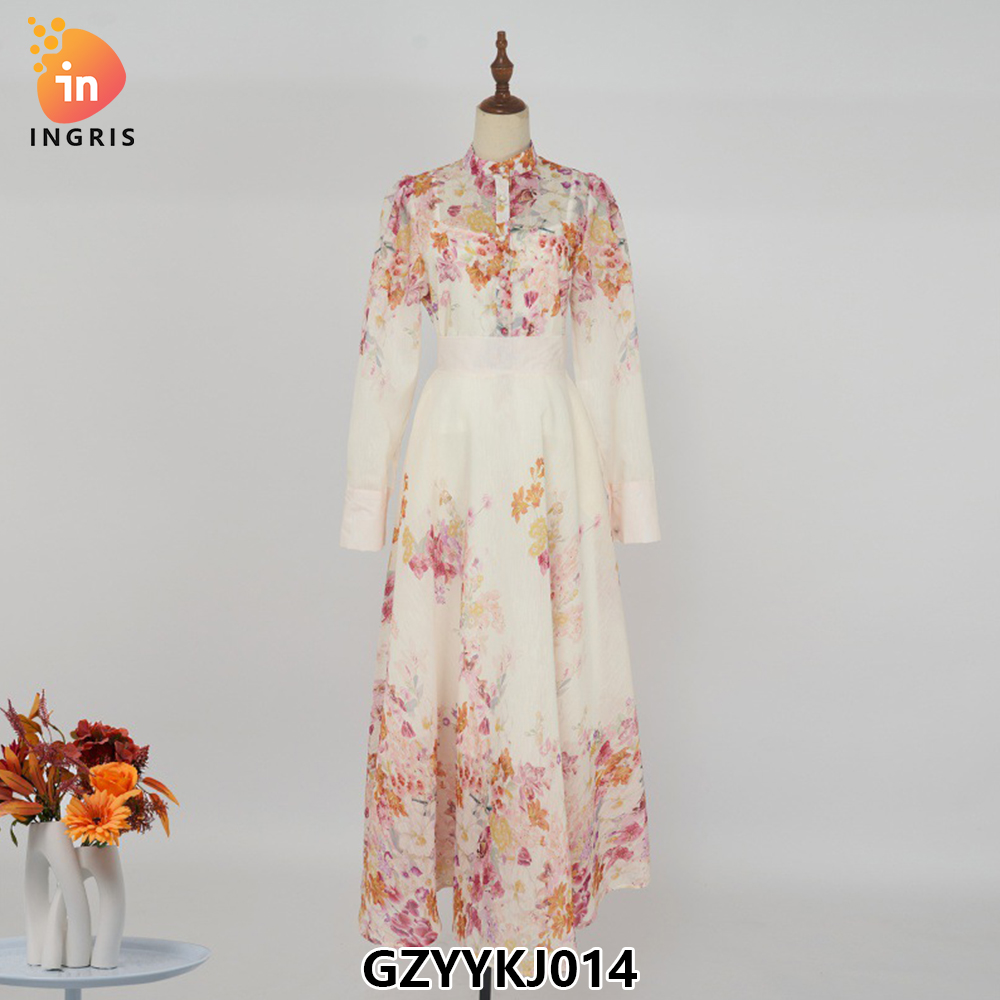 Crew Neck Floral Print Back Zipper Fly Long Sleeve Multi Color Casual Fashion Long Dress for Women-GZYYKJ014
