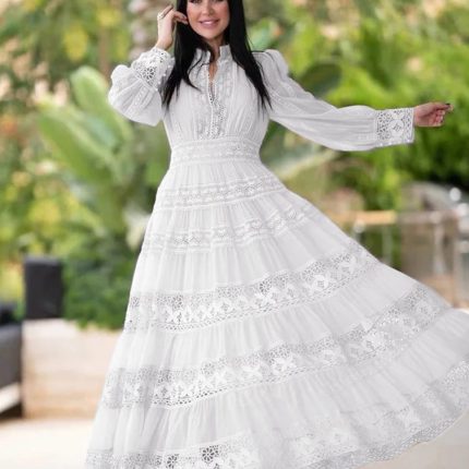 Spring New Fashion Elegant Long Skirt Lace Splicing Design Lantern Sleeve Dress-GZYYKJ28