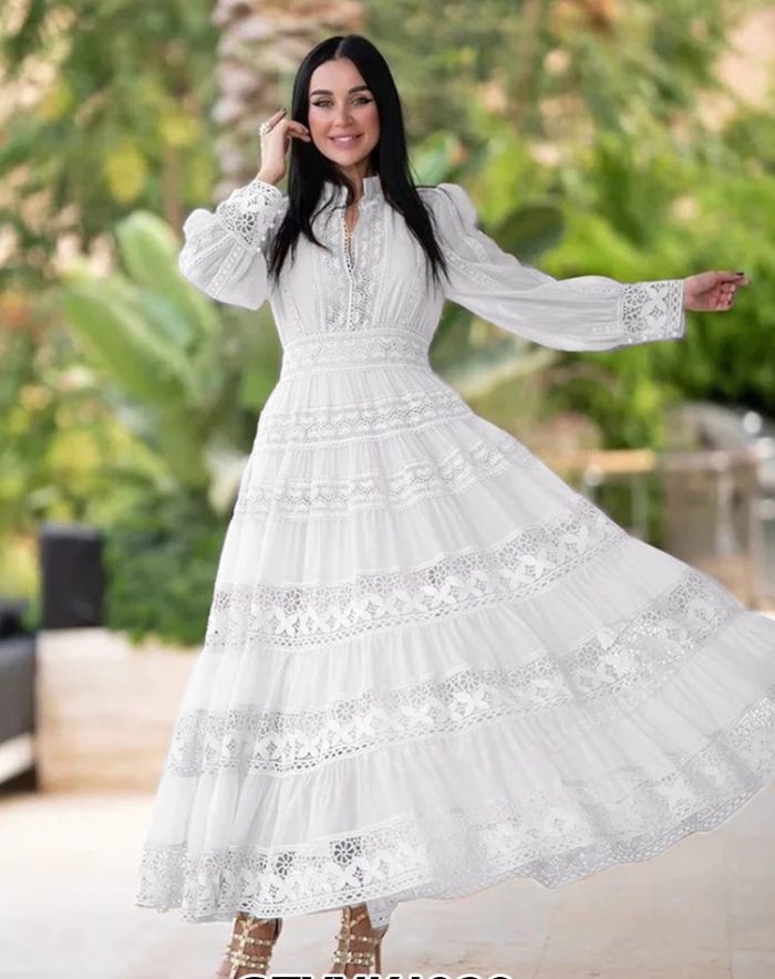 Spring New Fashion Elegant Long Skirt Lace Splicing Design Lantern Sleeve Dress-GZYYKJ28