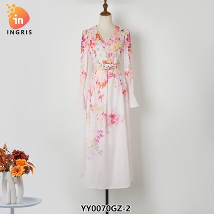 Fashion Wholesale Sweet V Neck Lantern Sleeve Slim High Waist Ruffles Floral Dress for Women-YY0070GZ