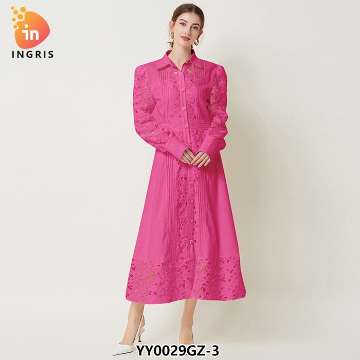 Women's fashion lapel long sleeve solid color lace big swing A-line dress-YY0029GZ