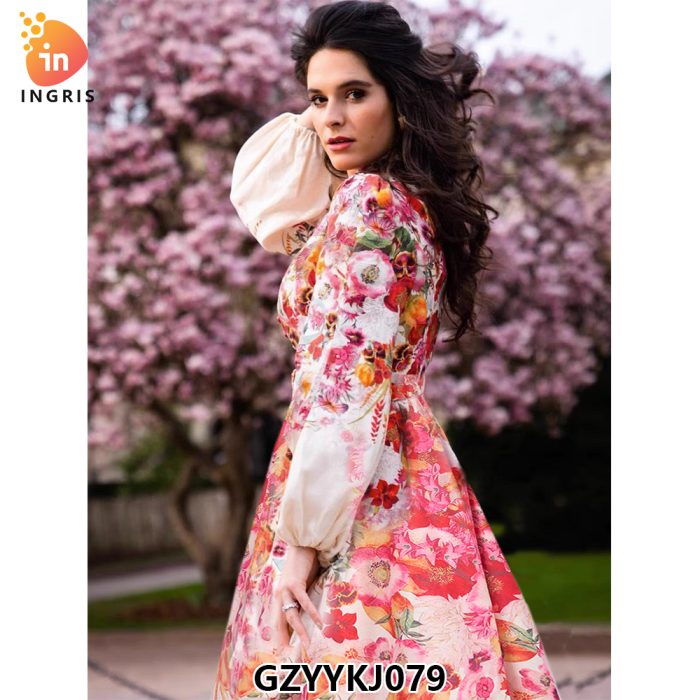 American Dress Women's Printed Flare Sleeves Multi Layered Elegant Round Neck Long Dress Wholesale Clothing-GZYYKJ79
