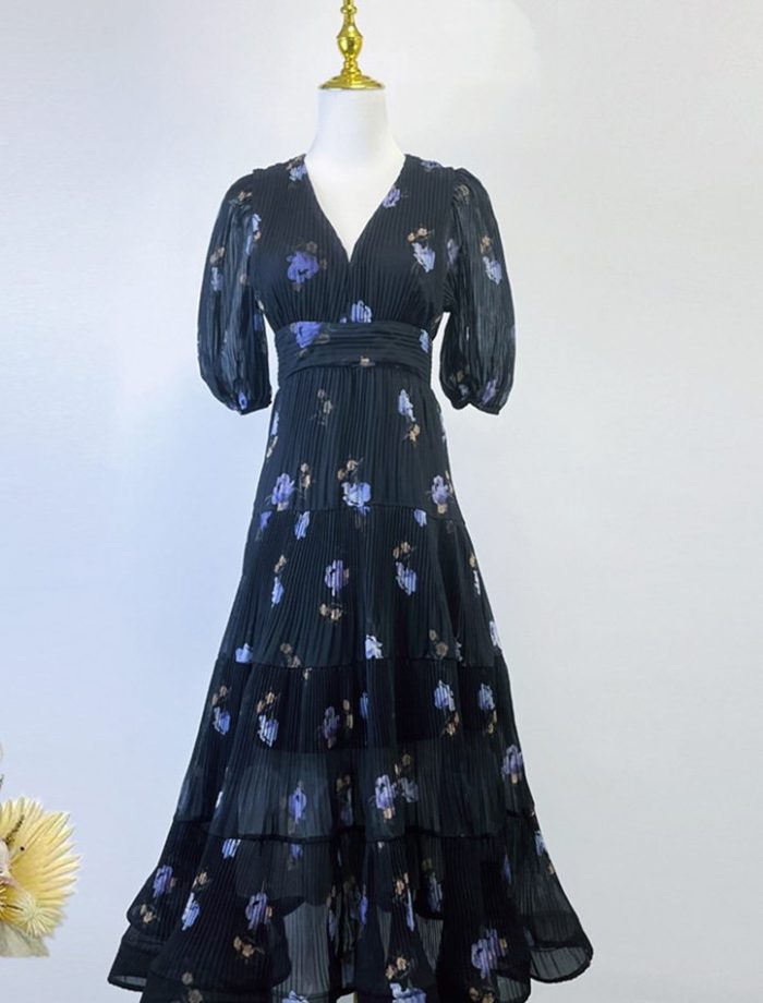Vintage Lace V-neck Flower Bead Buckle Waist Swing Puff Printed Long Dress Autumn New Wholesale Clothing-GZYYWL35