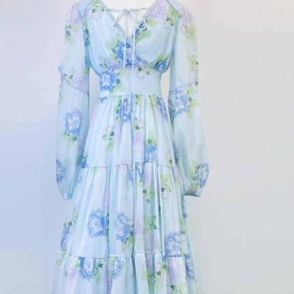 Elegant V-neck Puff Printed Long Dress Autumn New Wholesale Clothing-GZYYWL016