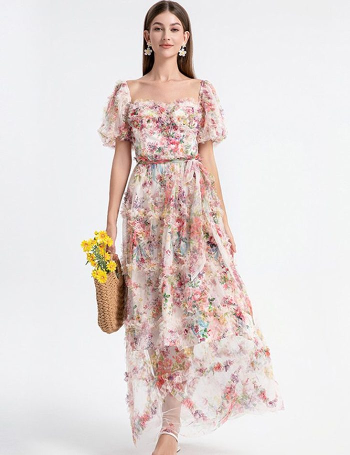 Runway Fashion Print Vintage a Line Dress for Women Square Collar Puff Sleeve High Waist Patchwork Sheer Mesh Dresses Female New-YY0022GZ