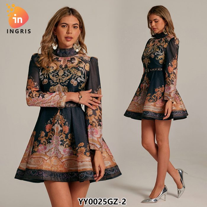 French Retro Standing Collar Lantern Sleeve Printed Dress for Women in Autumn New Collection Waist Slimming A-line Short Skirt-YY0025GZ