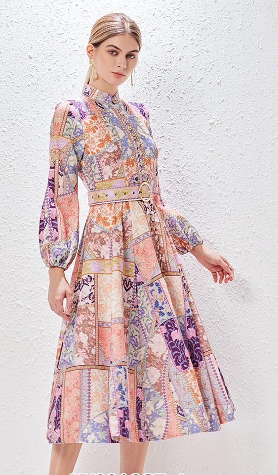 Women's Fashion V-neck Long Sleeve Slim High Waist Print Dress-YY0016GZ