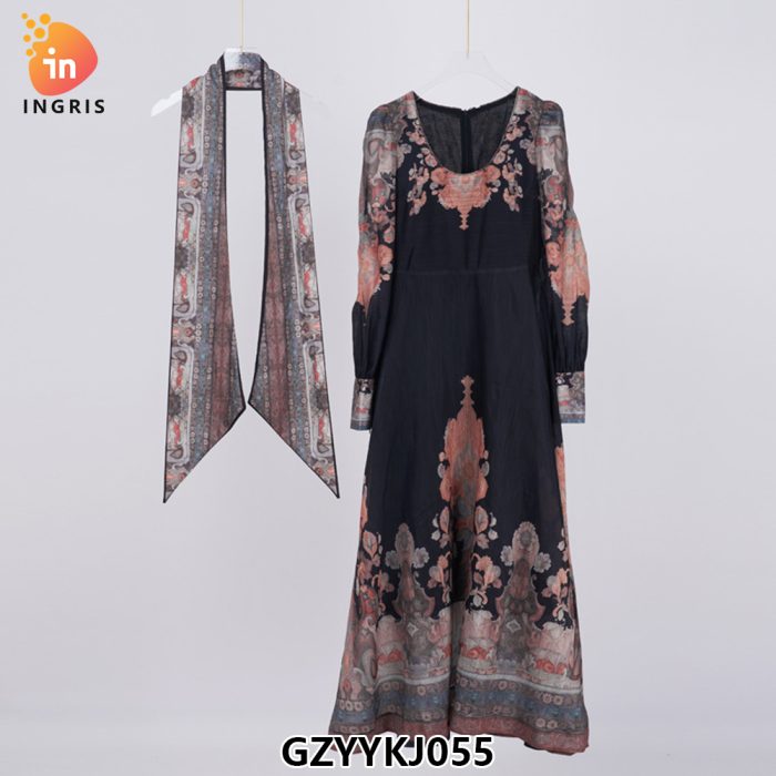 New Pearl Button Silk Hemp Blouse High Waist Pleated Swing Long Skirt Set-GZYYKJ055