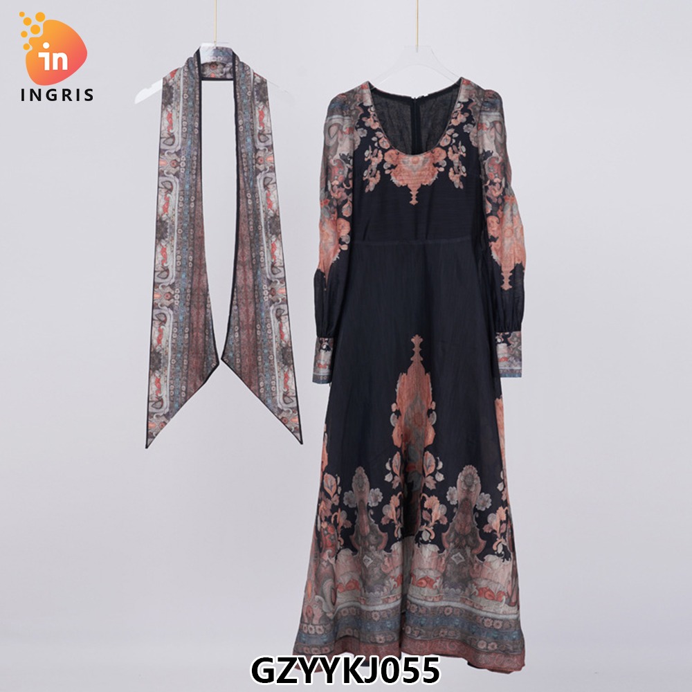 New Pearl Button Silk Hemp Blouse High Waist Pleated Swing Long Skirt Set-GZYYKJ055