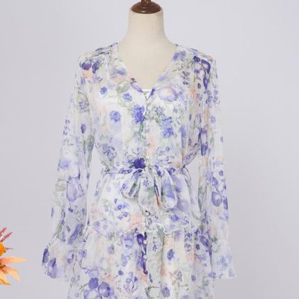 Brand new blue and white buttoned lace-up puff long-sleeved casual and elegant floral short dress-GZYYWL042