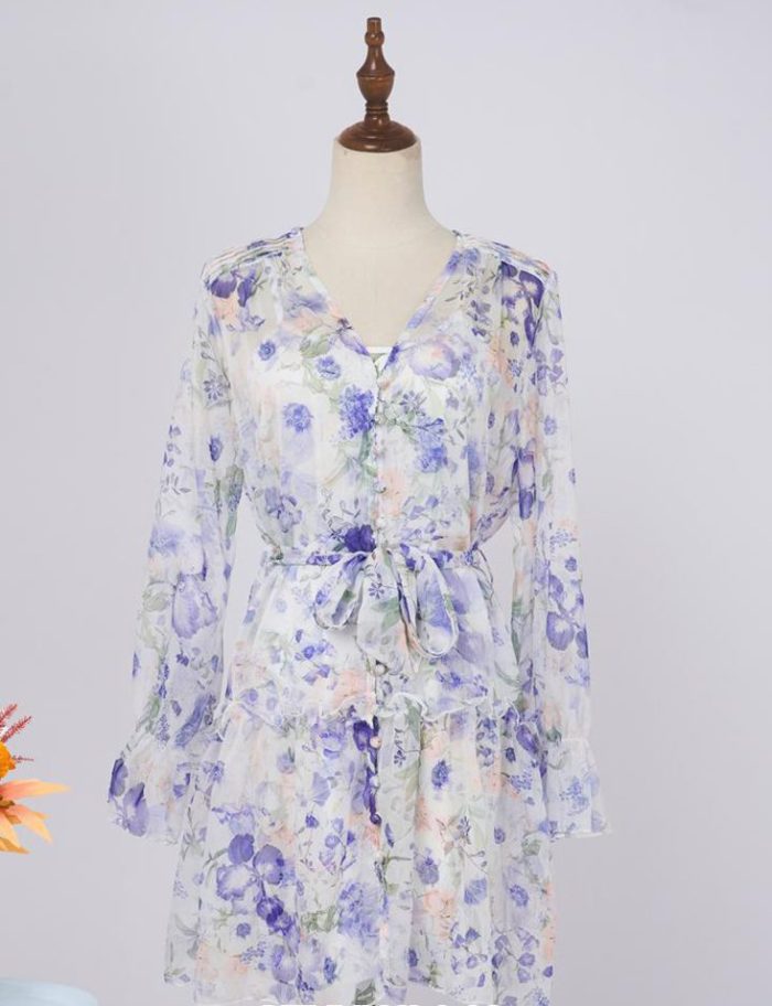 Brand new blue and white buttoned lace-up puff long-sleeved casual and elegant floral short dress-GZYYWL042