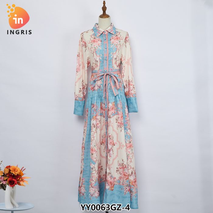 Stand Collar Trumpet Sleeve Printed Long Lace Dress-YY0063GZ