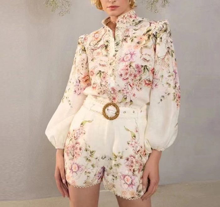 Spring women's sweet pleated dress with stand collar and lantern sleeves-GZYYWL025
