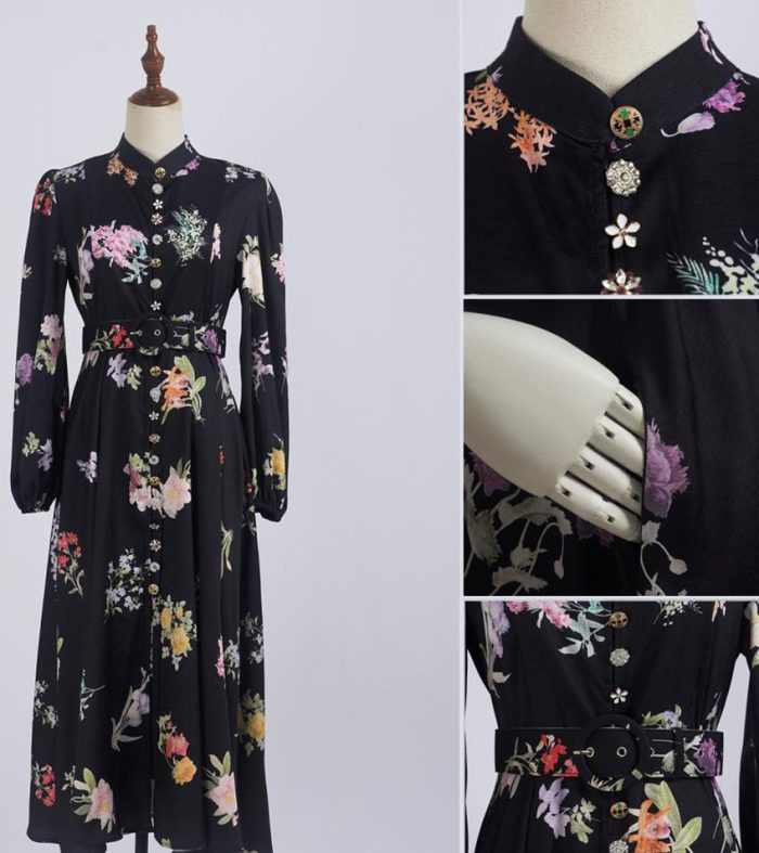 Wholesale Women's Clothing Spring New Lantern Sleeve Printed Single Breasted Dress-GZYYWL052