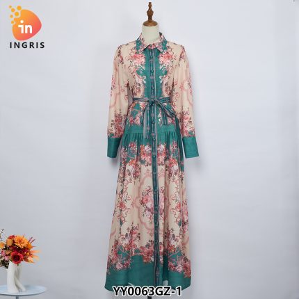 Stand Collar Trumpet Sleeve Printed Long Lace Dress-YY0063GZ