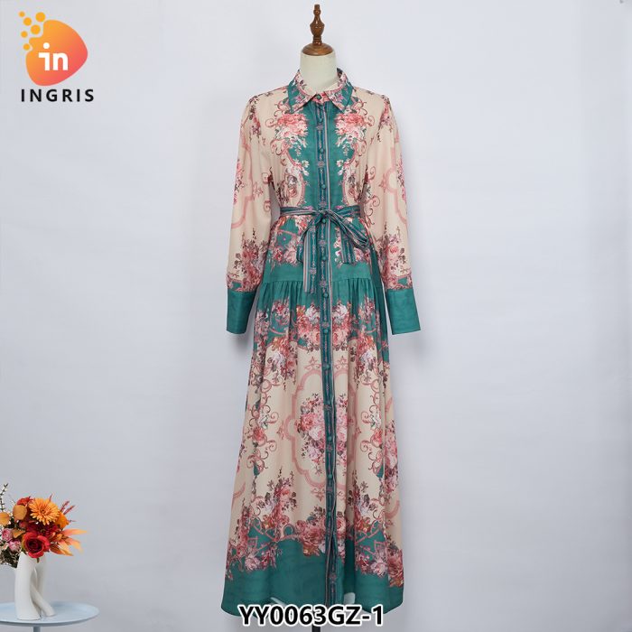 Stand Collar Trumpet Sleeve Printed Long Lace Dress-YY0063GZ